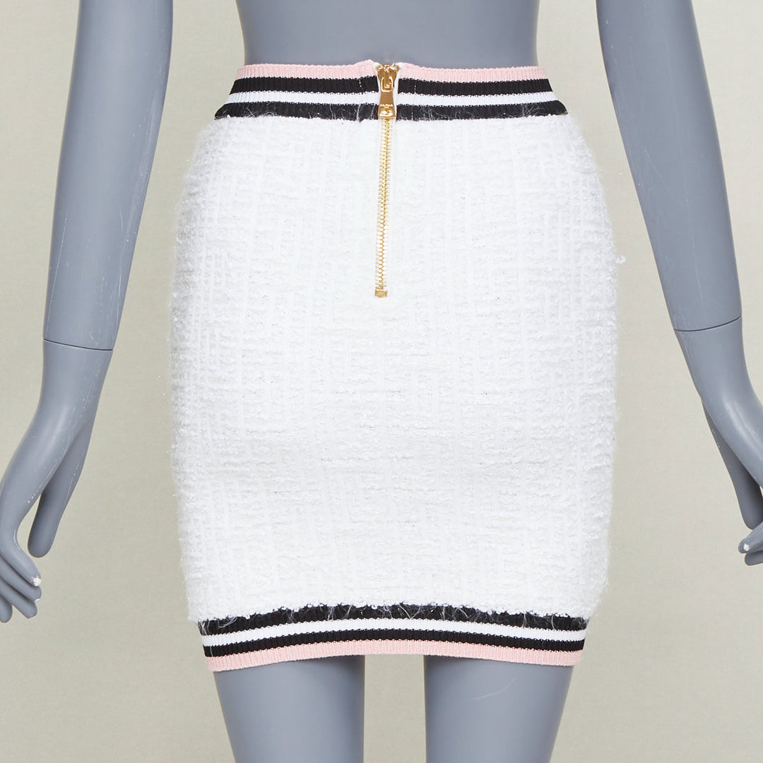 BALMAIN white knit tweed striped border lion head button mini skirt FR34 XXS