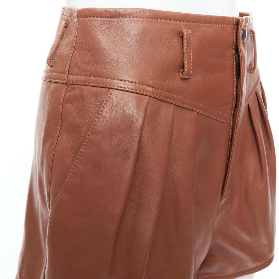 SAINT LAURENT 2020 brown lamb leather pleated riding shorts FR36 S