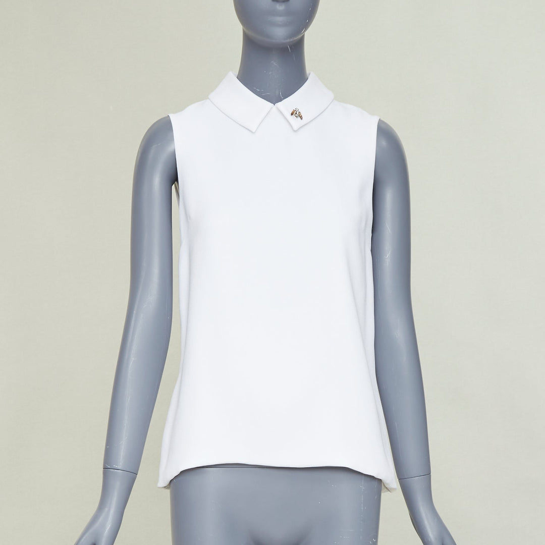 DIOR white crepe yellow crystal embroidered bee collar blouse FR38 M