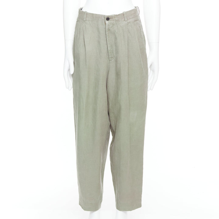 YOHJI YAMAMOTO khaki green linen pleated front tapered wide pants S