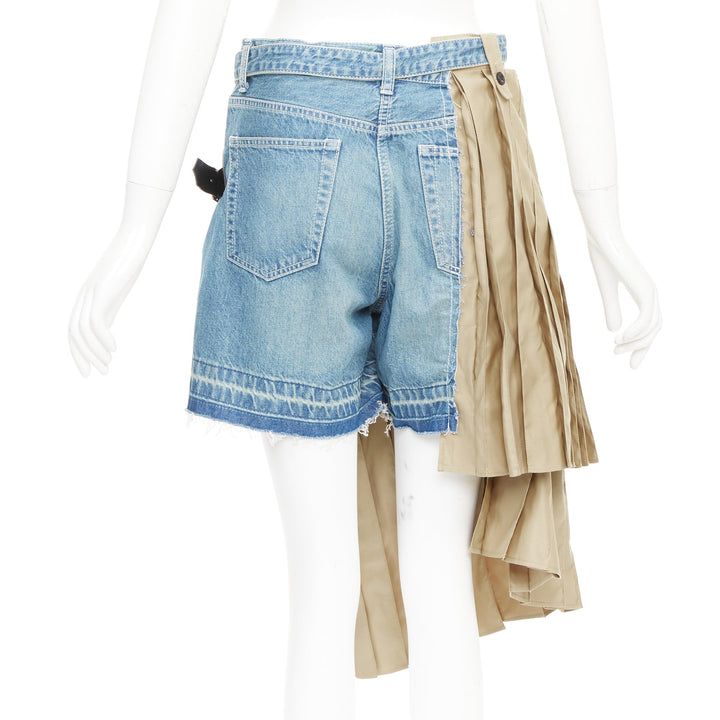SACAI 2019 Runway beige kilt pleated cotton deconstructed denim shorts JP2 M