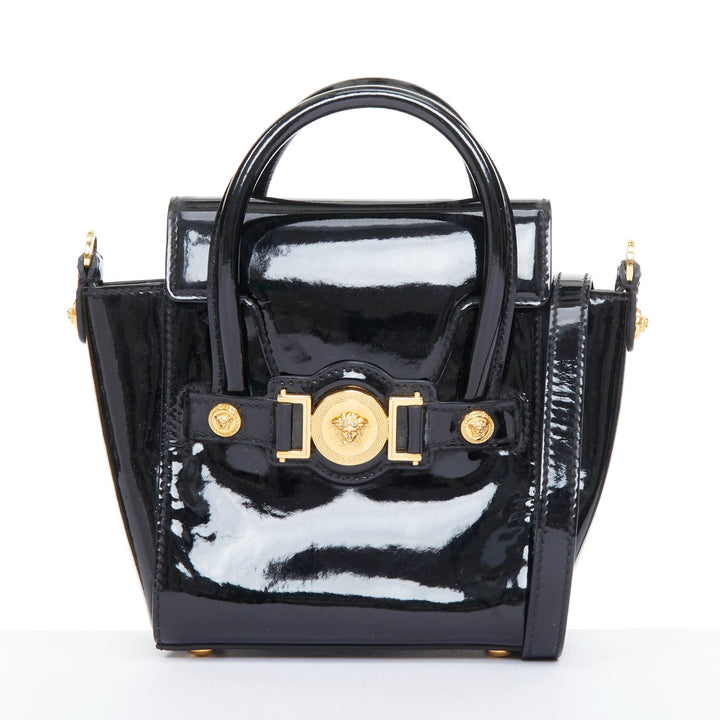VERSACE black patent leather Signature Medusa lock mini satchel bag