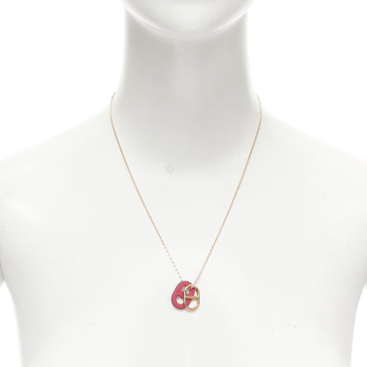 HERMES Chain D'ancre rose gold plated pink leather pendant short necklace
