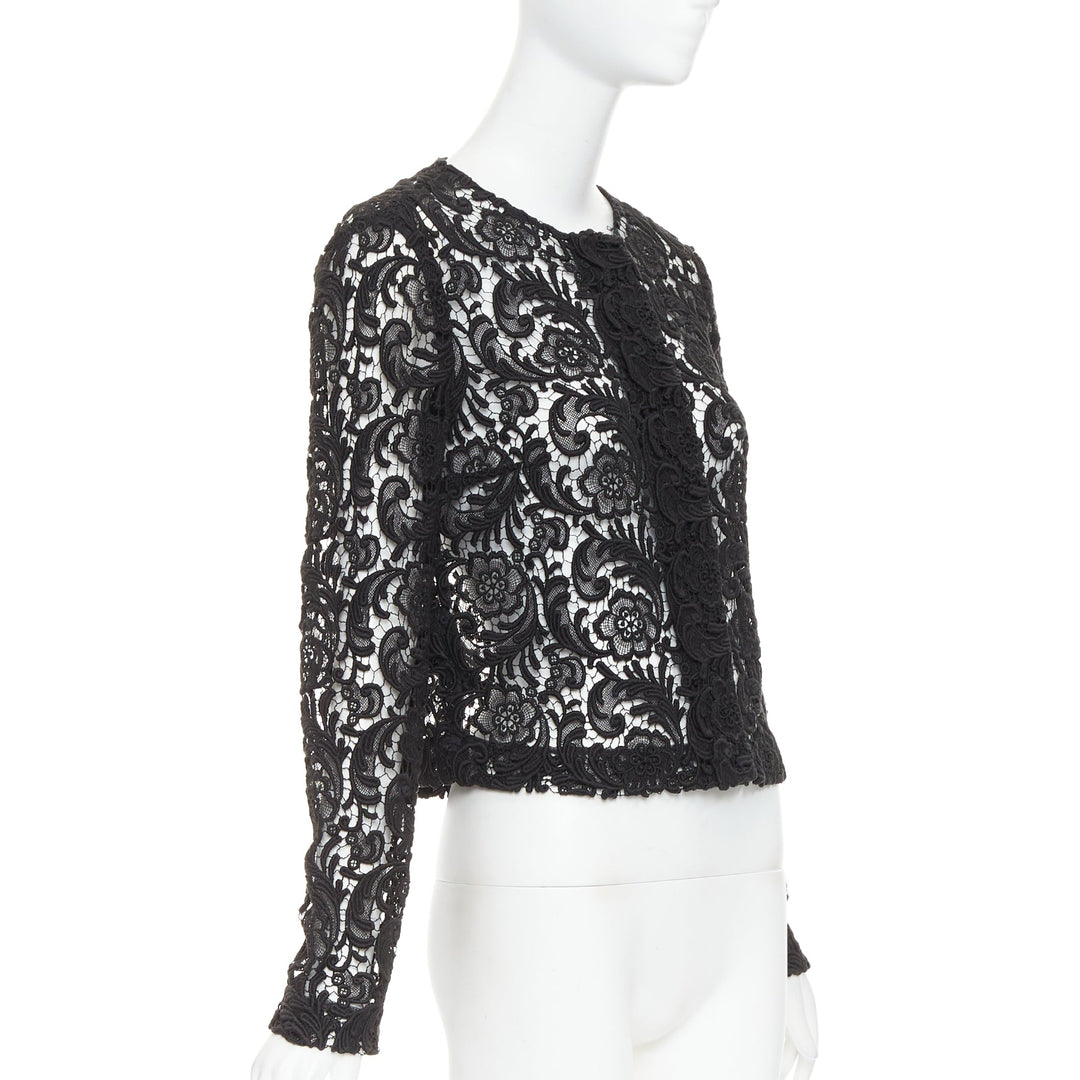 rare PRADA 2008 Vintage black 3D guipure  sheer lace cropped jacket IT40 S