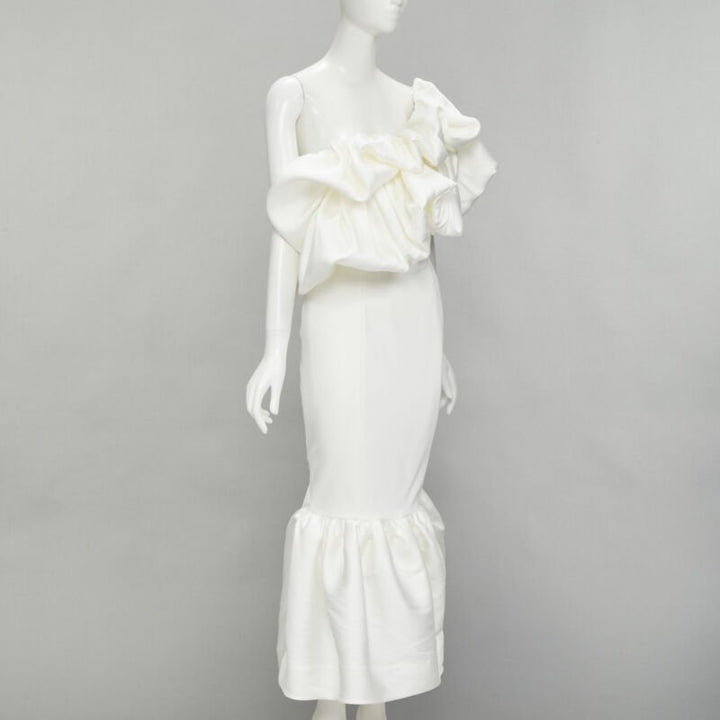 SOLACE Tove Midi white polyester ruffle cascade shoulder flounce dress UK12 M