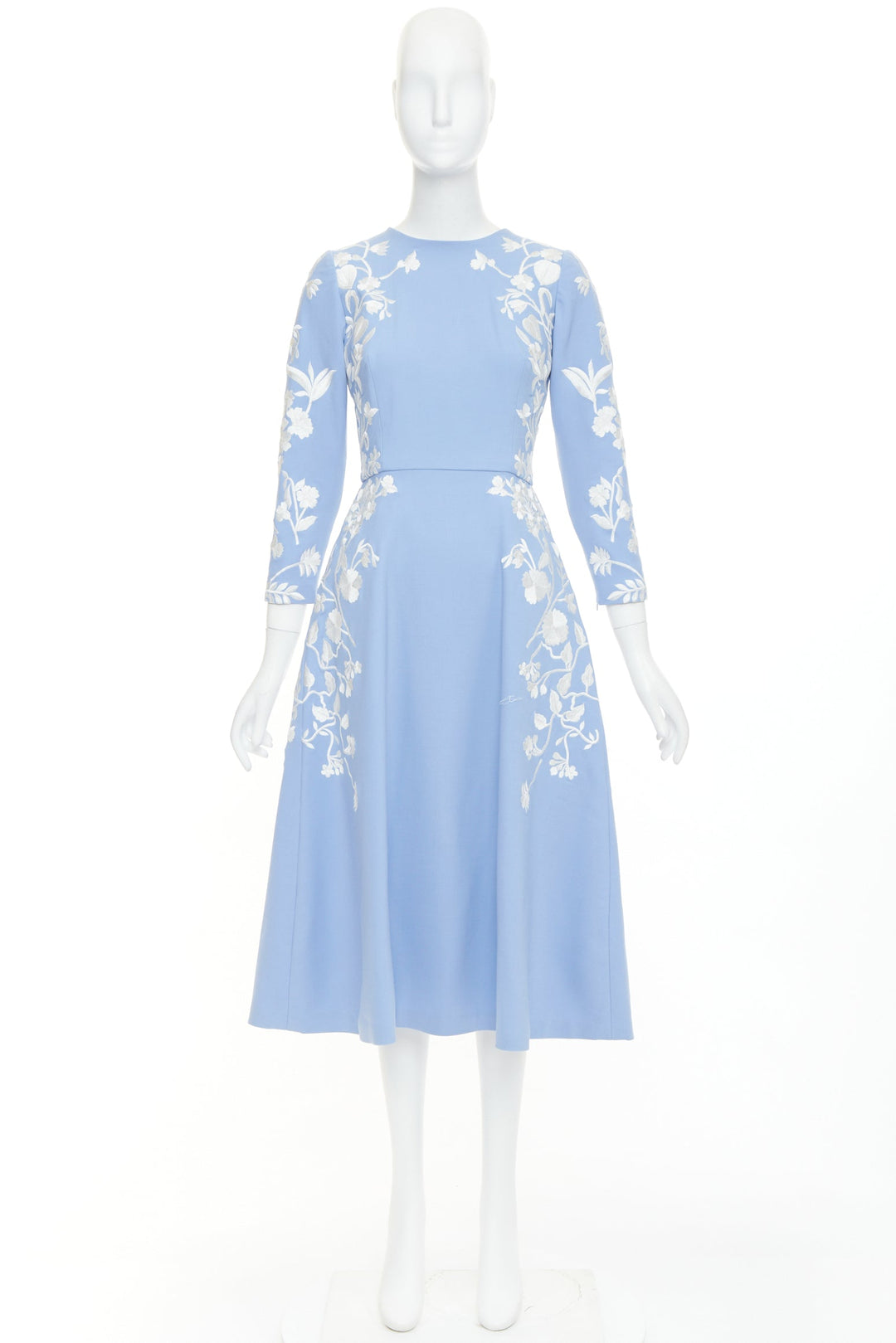 OSCAR DE LA RENTA 2019 blue white virgin wool floral embroidered dress US4 M