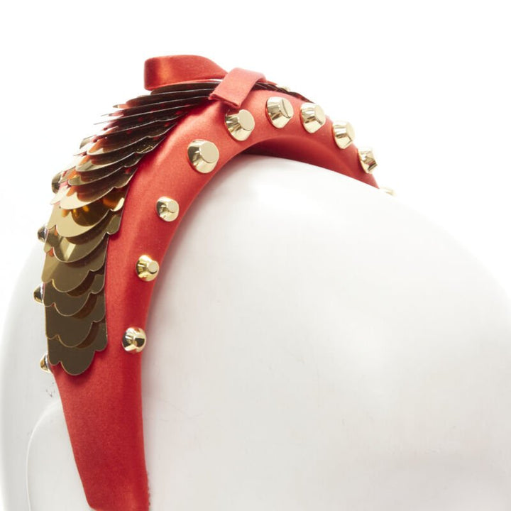 PRADA red satin gold pailette studded bow puffy headband