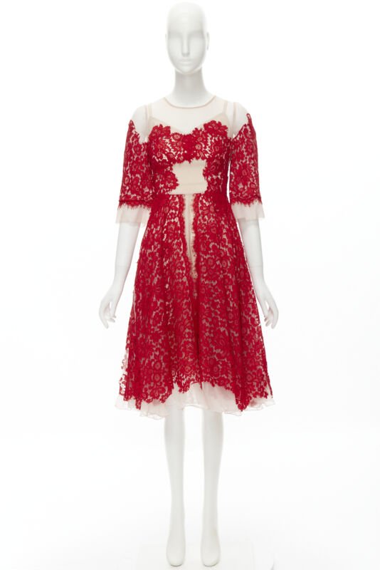 DOLCE GABBANA red lace panel pink sheer silk fit flared cocktail dress IT36 XS