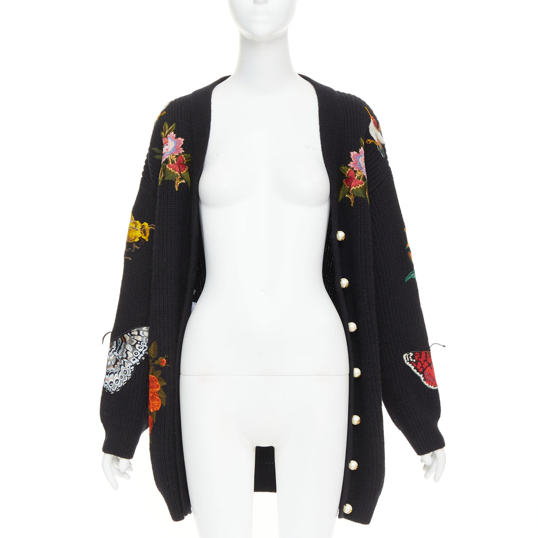 GUCCI Michele L'avengle Par Amour black wool embroidery patch pearl cardigan S
