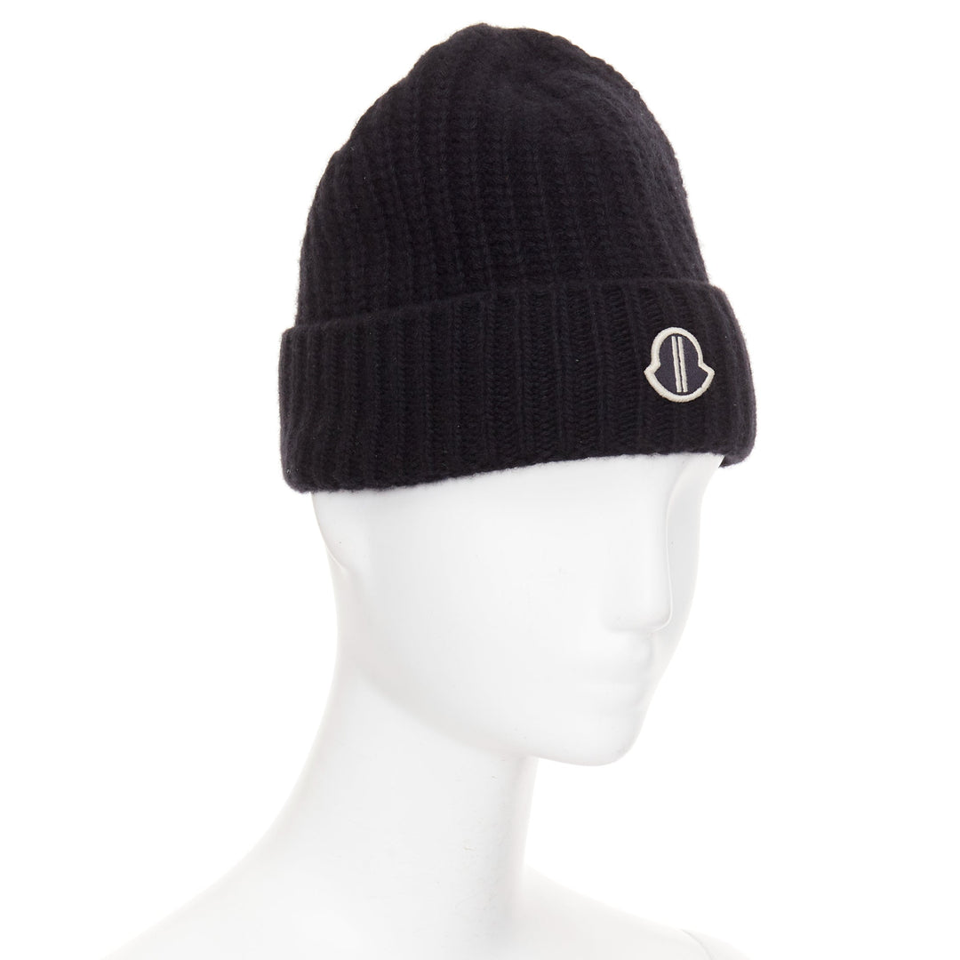 MONCLER RICK OWENS 2023 logo applique ribbed beanie wool cashmere hat Sz0 XS
