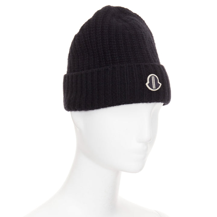MONCLER RICK OWENS 2023 logo applique ribbed beanie wool cashmere hat Sz0 XS