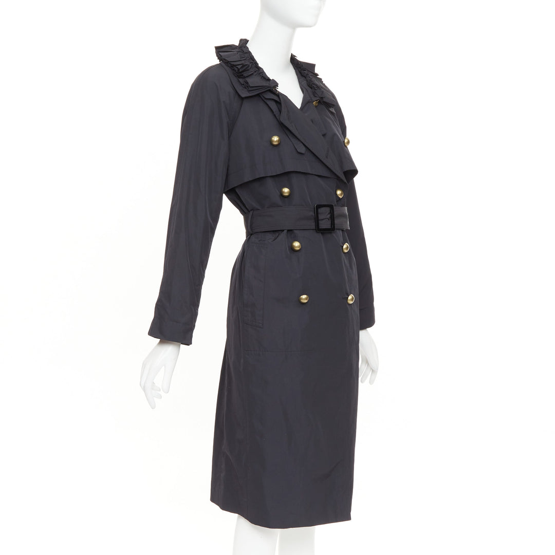 YVES SAINT LAURENT 2006 black nylon ruffle bronze button trench coat FR34 XS