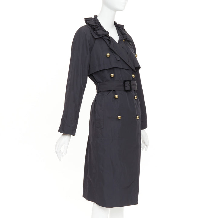 YVES SAINT LAURENT 2006 black nylon ruffle bronze button trench coat FR34 XS