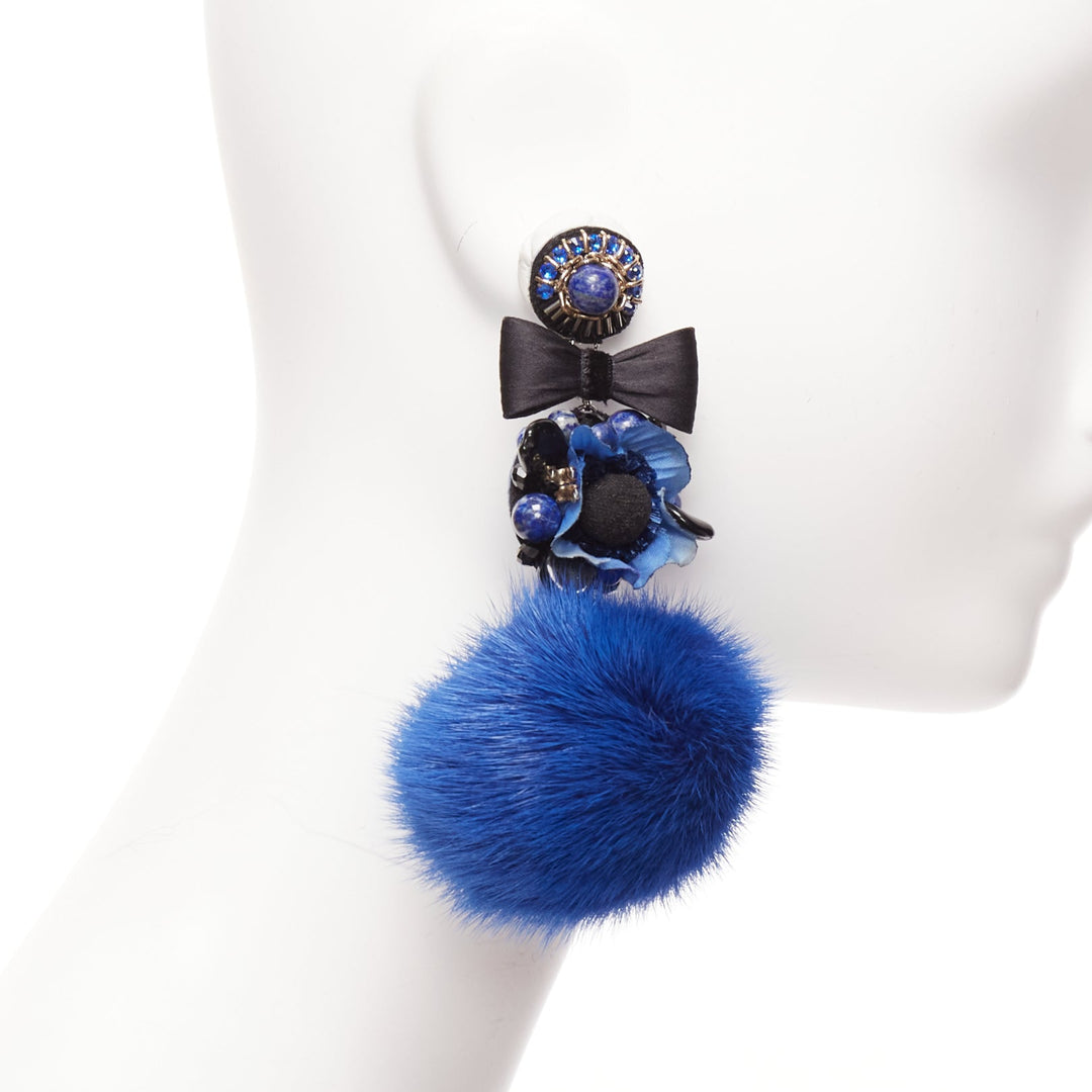 RANJANA KHAN blue black real fur crystal dangling clip on earrings