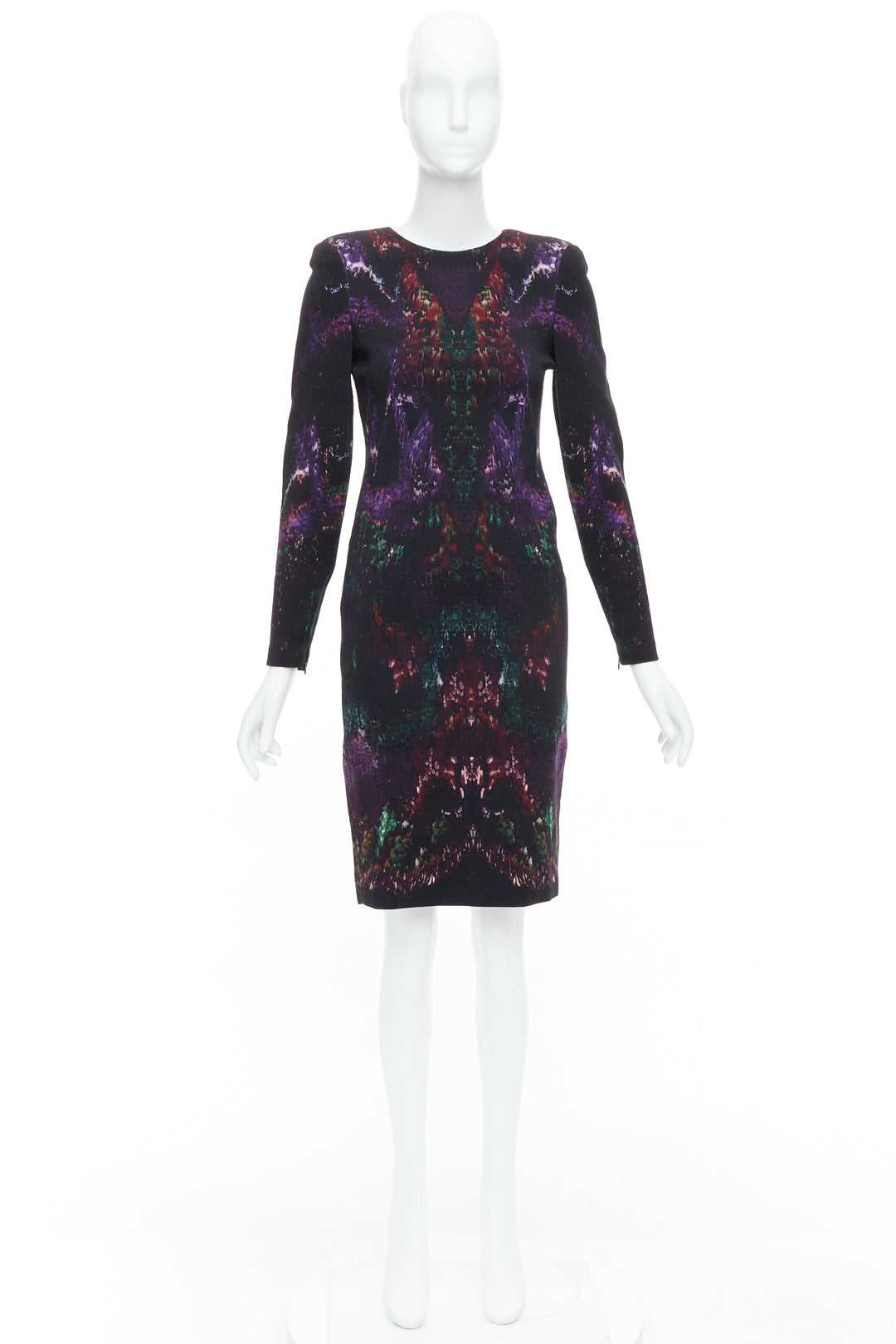 ALEXANDER MCQUEEN 2014 black purple wool feather print sheath dress IT38 XS