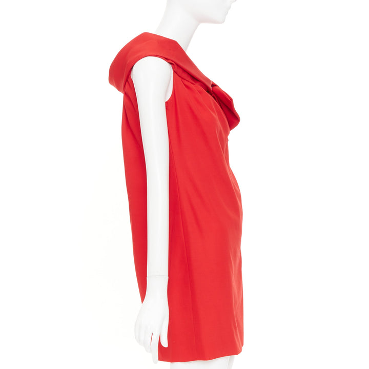 VALENTINO red virgin wool silk asymmetric bow collar shift mini dress US6 S