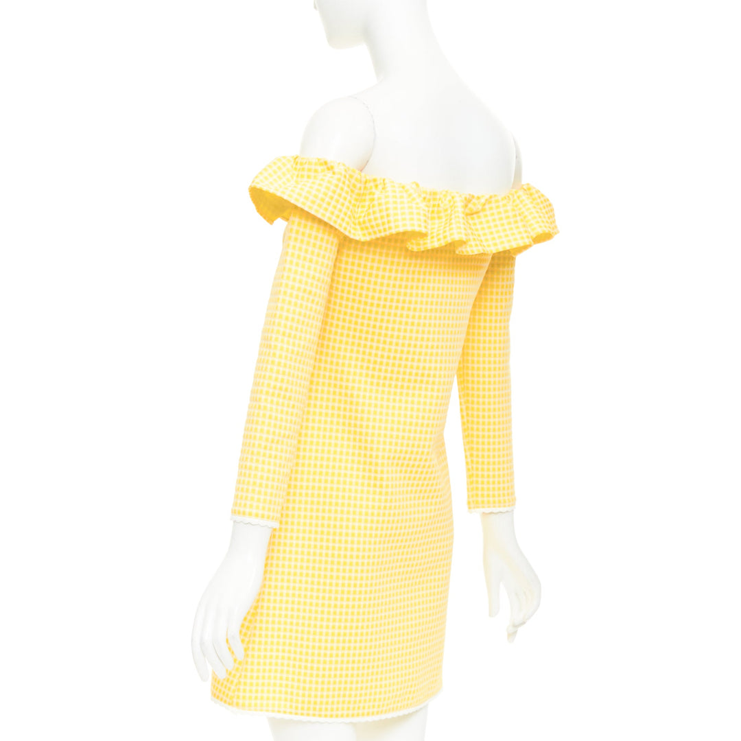 MIU MIU 2019 yellow white gingham check ruffle off shoulder mini dress M