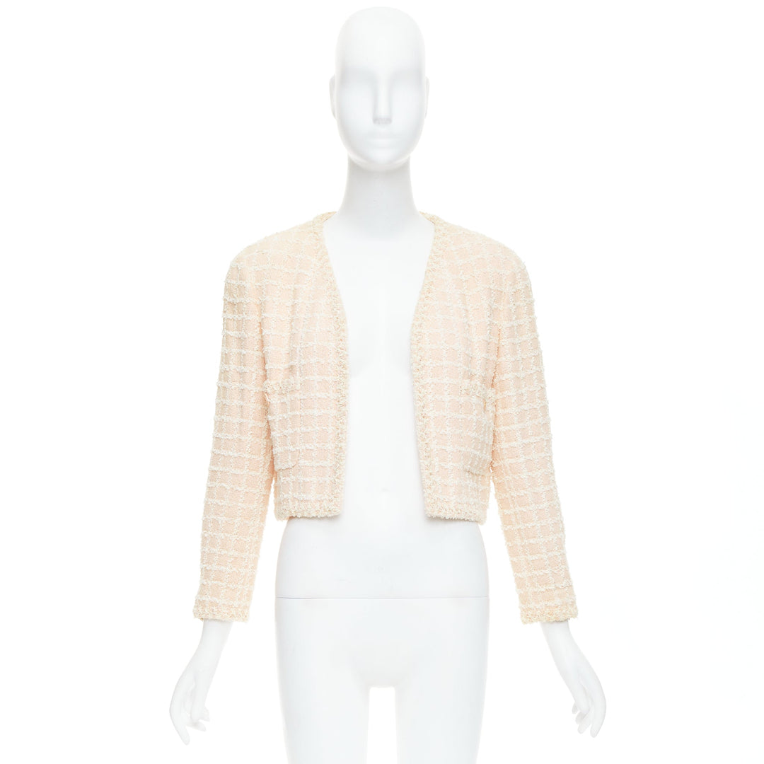 rare CHANEL 94P Vintage pink cotton tweed cropped jacket FR40 L