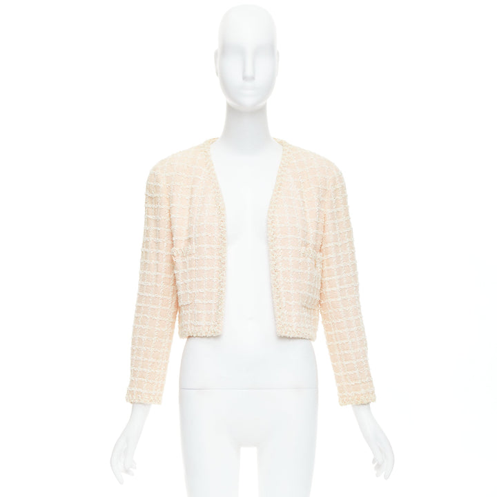 rare CHANEL 94P Vintage pink cotton tweed cropped jacket FR40 L