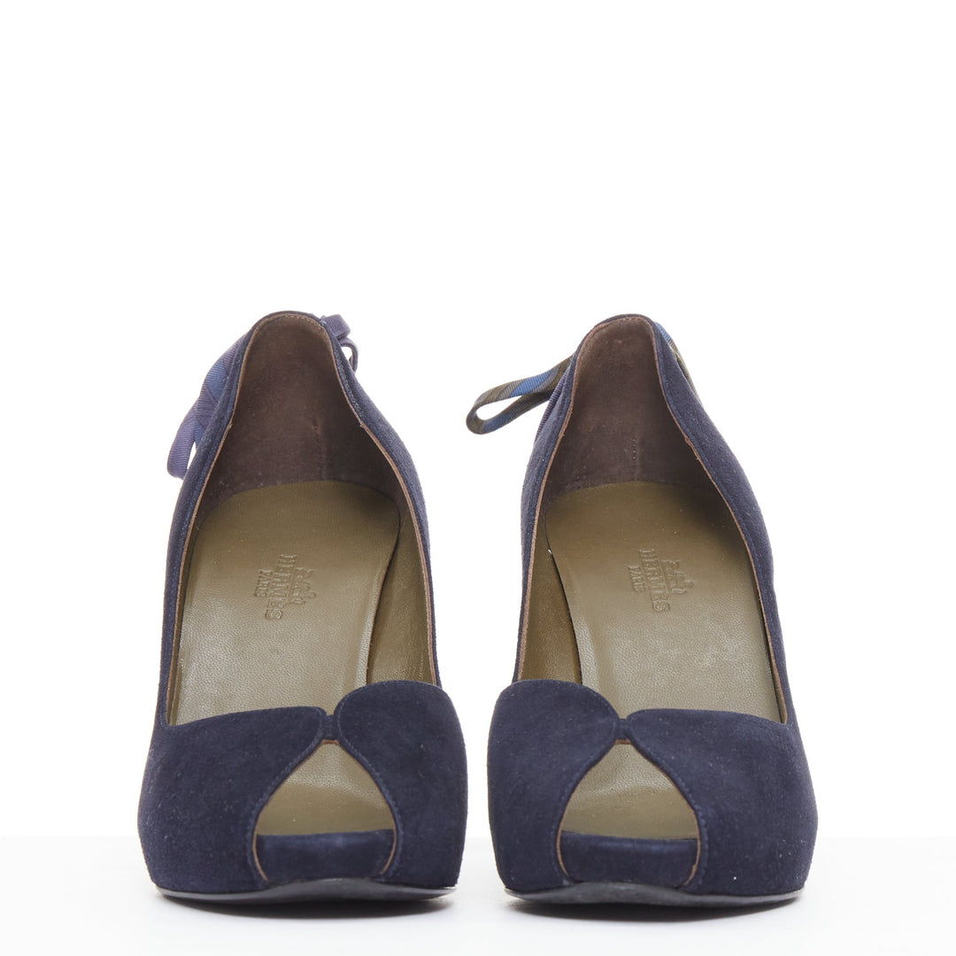 HERMES navy suede leather silk bow tie back spool heeled pumps EU37.5