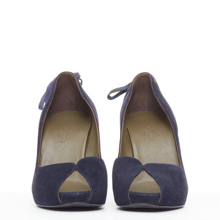 HERMES navy suede leather silk bow tie back spool heeled pumps EU37.5