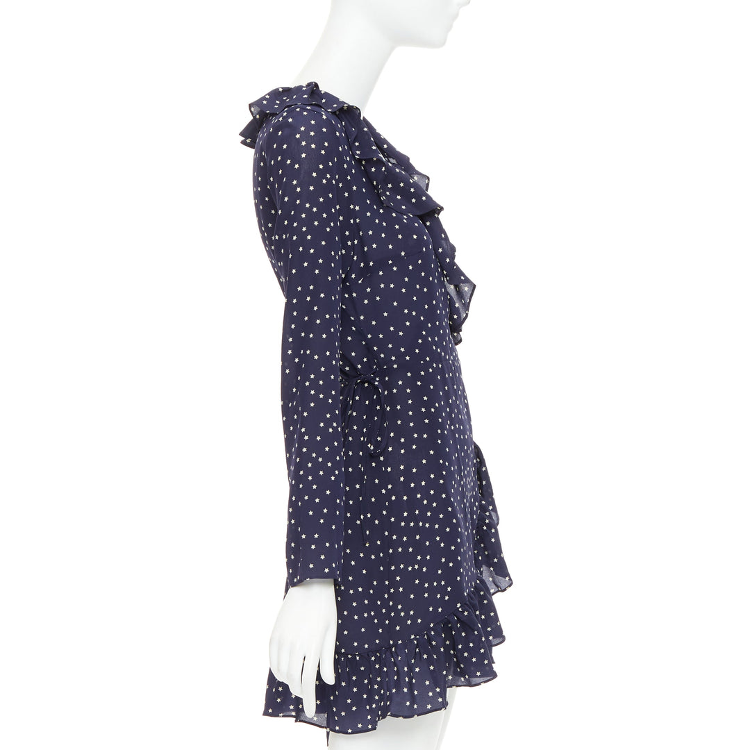 REALISATION Alexandra 100% silk navy white star print wrap tie mini dress S