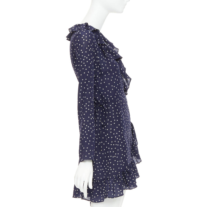 REALISATION Alexandra 100% silk navy white star print wrap tie mini dress S
