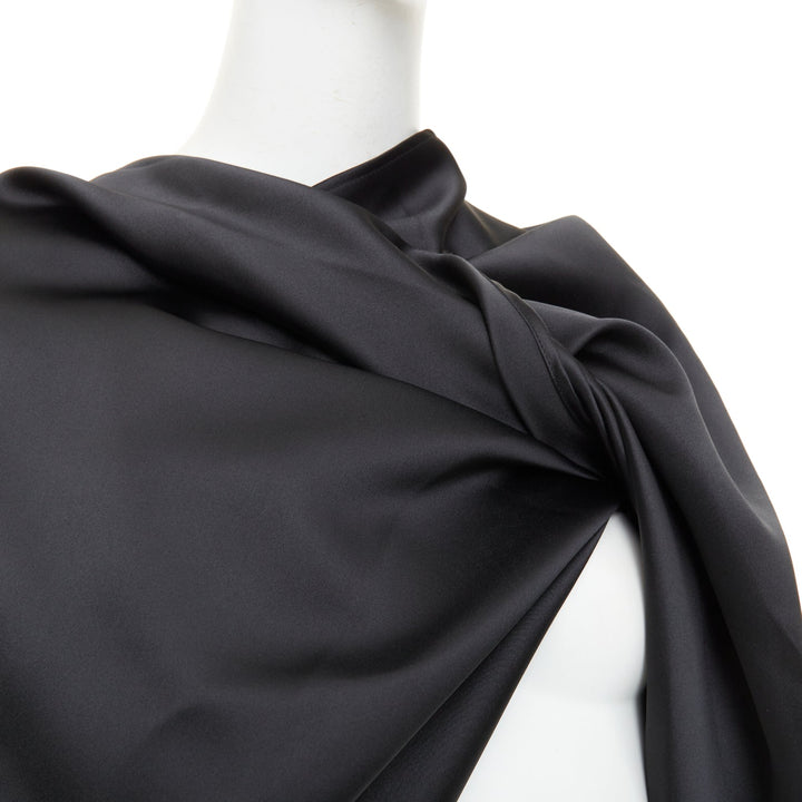 COLVILLE black twisted neck draped open front silk satin asymmetry top IT40 S