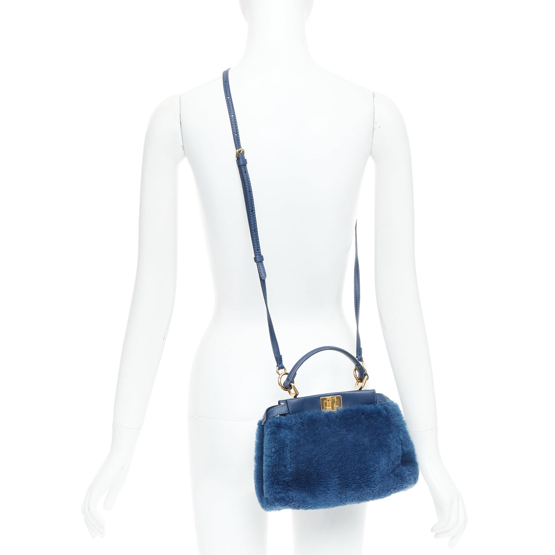 FENDI Peekaboo blue shearling fur gold hardware turnlock crossbody satchel