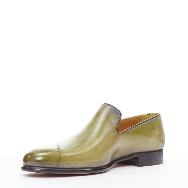 BERLUTI Cursive Galet Scritto green smooth leather script patina loafer UK8 EU42