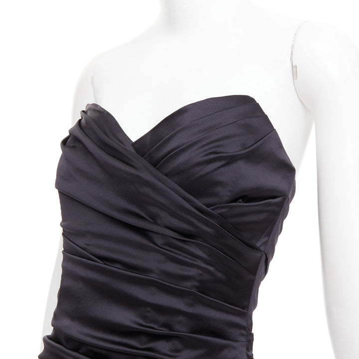 DOLCE GABBANA black silk blend angular bust rushed cocktail dress IT40 S