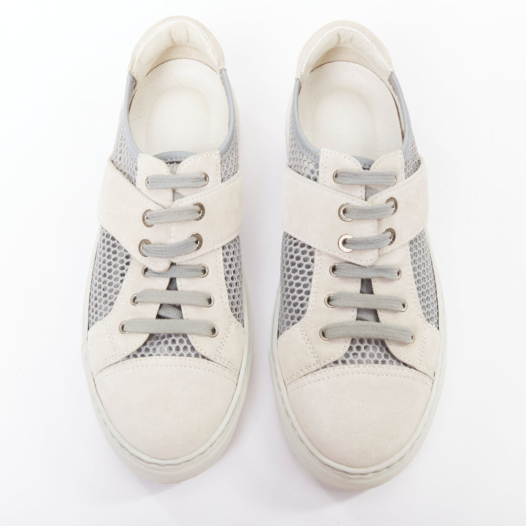 CHANEL 2015 grey mesh CC logo cream suede panelled sneakers EU36.5