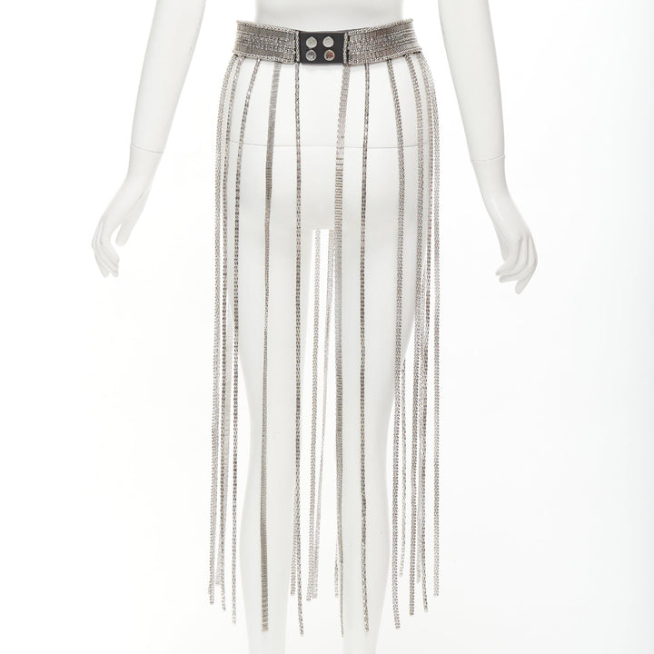 CHRISTOPHER KANE silver multi chain stud front black leather fringe belt S