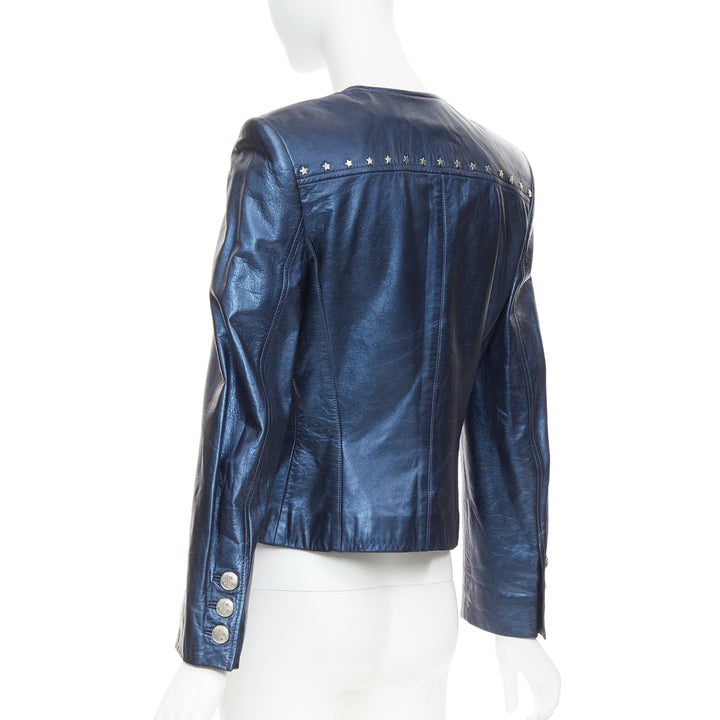 ESCADA Vintage 1980s Starry Night metallic blue leather stud jacket FR34 S