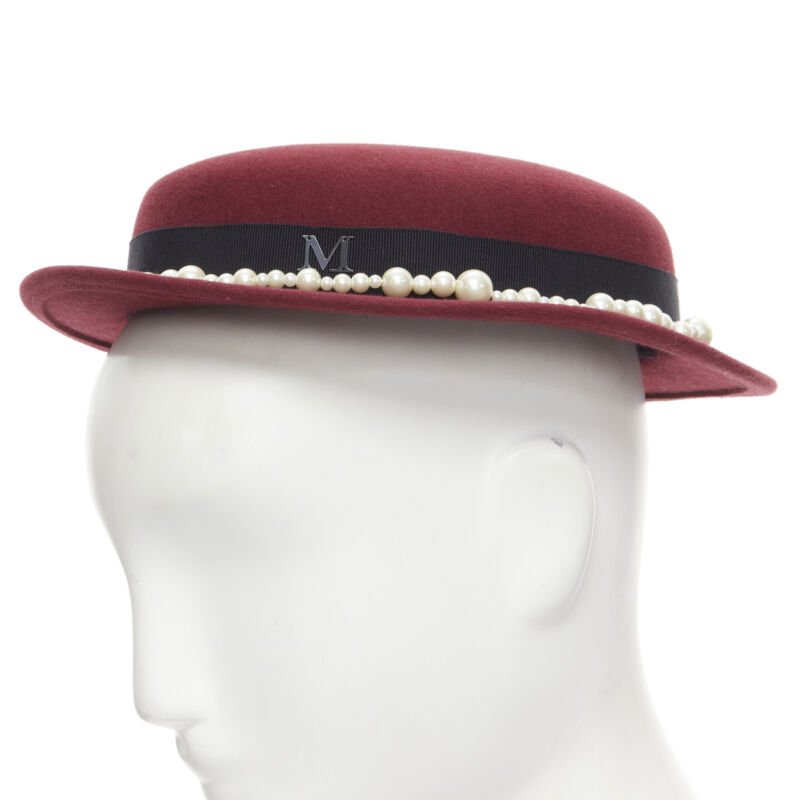 MAISON MICHEL Melanie Pearles burgundy red wool felt topper fedora hat 54cm