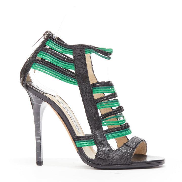 JIMMY CHOO Corsica black green striped wire leather caged heel sandal EU37.5