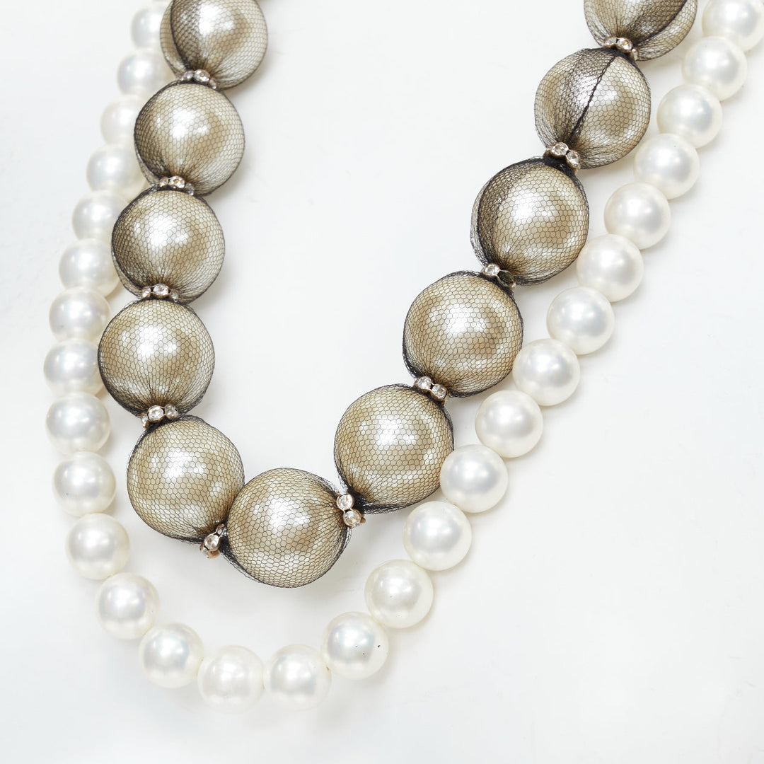 LANVIN black double strand wrapped faux pearl ribbon tie statement necklace