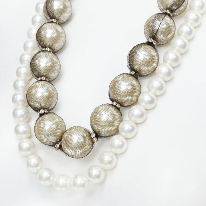 LANVIN black double strand wrapped faux pearl ribbon tie statement necklace