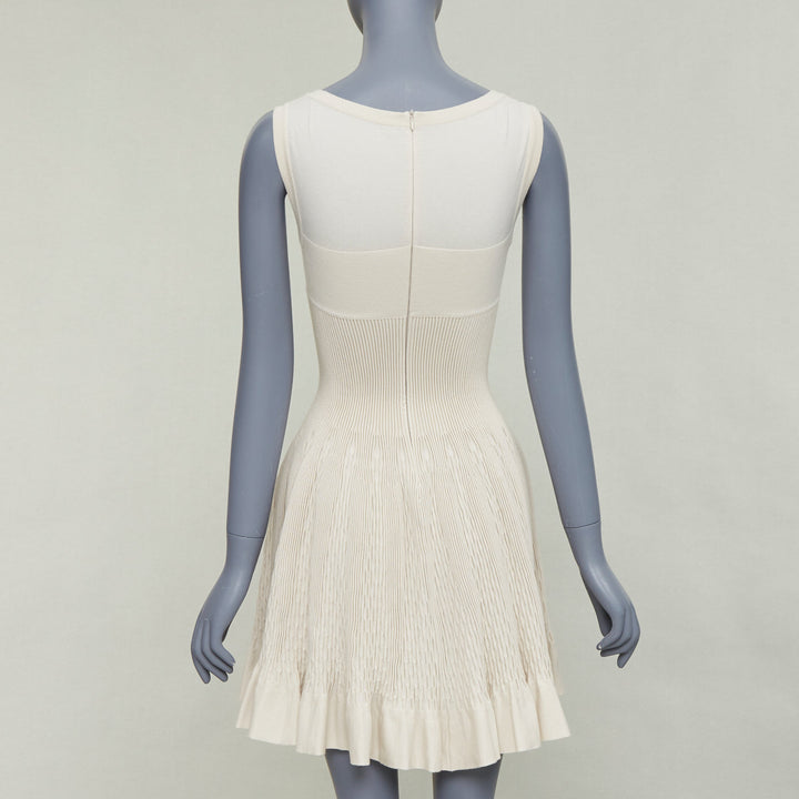 ALAIA ivory beige virgin wool contour waist sleeveless fit flare dress FR36 S