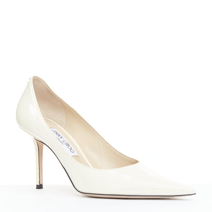 JIMMY CHOO Love 85 Latte cream patent JC emblem pumps EU39.5