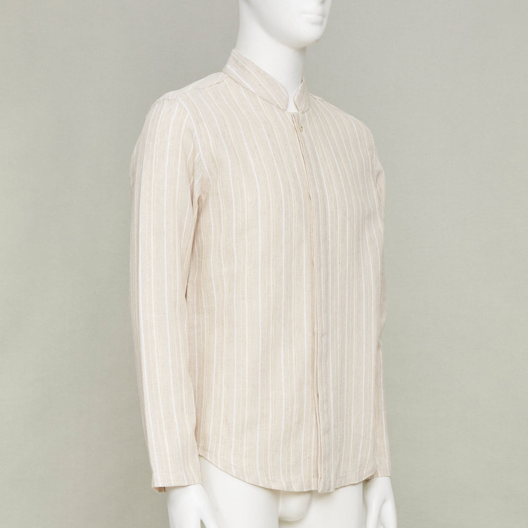 ADAMO beige vertical stripe mandarin collar button up long sleeve shirt M