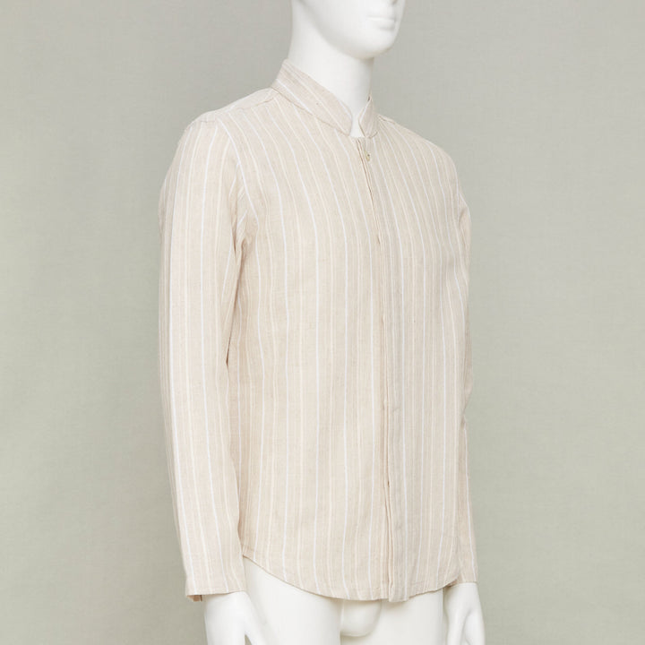 ADAMO beige vertical stripe mandarin collar button up long sleeve shirt M