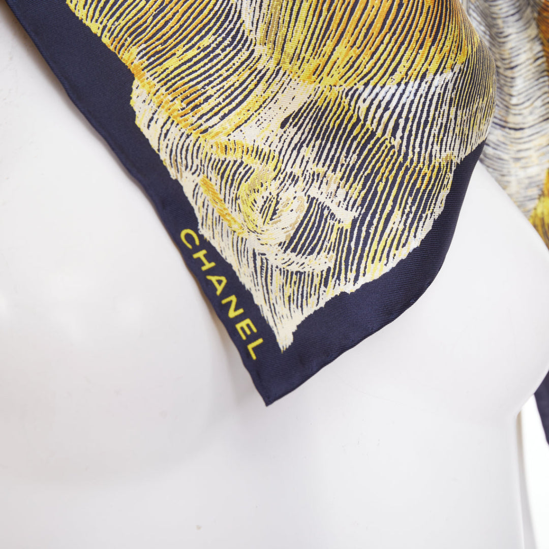 CHANEL navy gold graphic cc camellia logo print silk twill square scarf