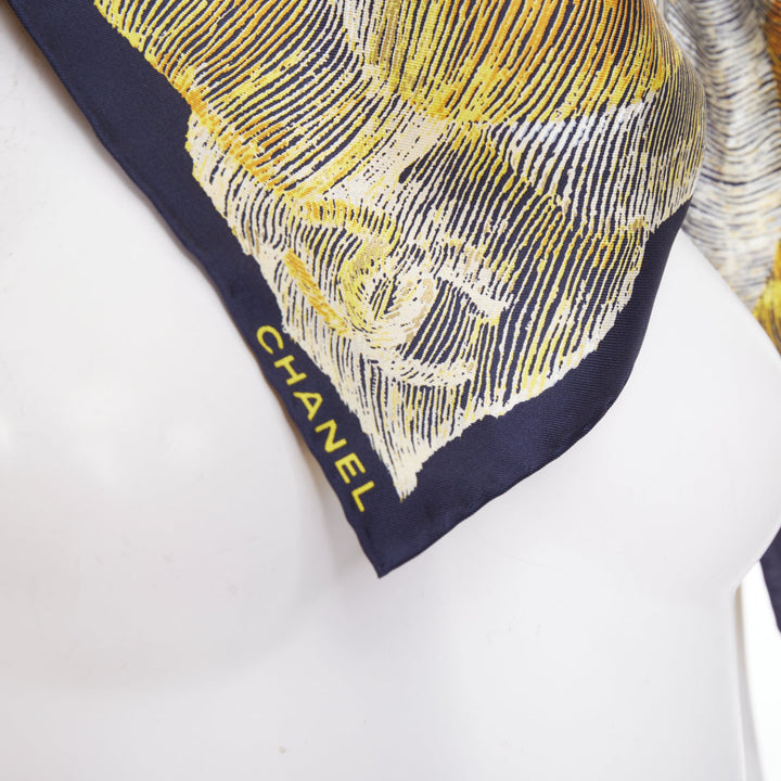 CHANEL navy gold graphic cc camellia logo print silk twill square scarf