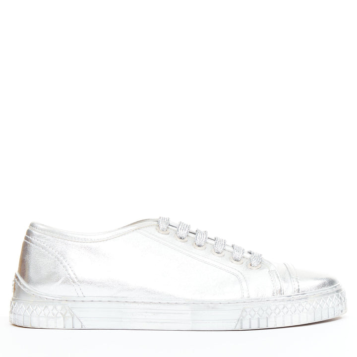 CHANEL 2017 metallic silver leather glitter lace up low top sneakers EU38.5
