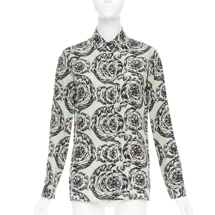 VERSACE 100% silk green black baroque floral print button up shirt IT38 XS
