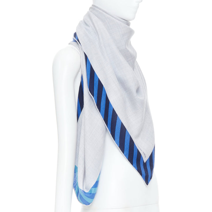 HERMES Encadre Liste au Fil 140cm heather grey marine navy blue stripe shawl