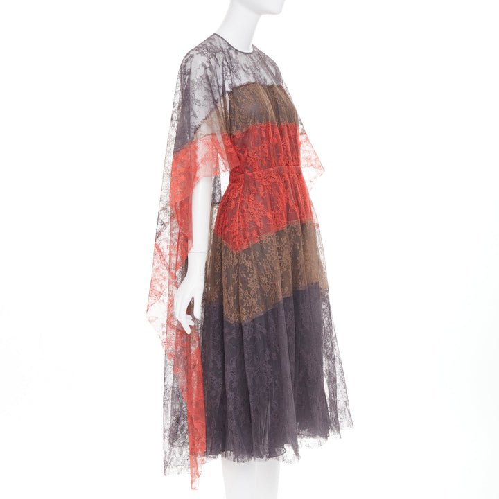 VALENTINO 2015 Runway colorblocked gradient tiered lace cape back dress IT38 XXS