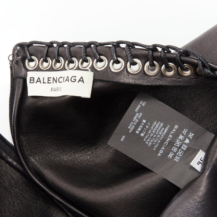 BALENCIAGA 2014 black lambskin leather grommet stud boxy cropped top FR36 S