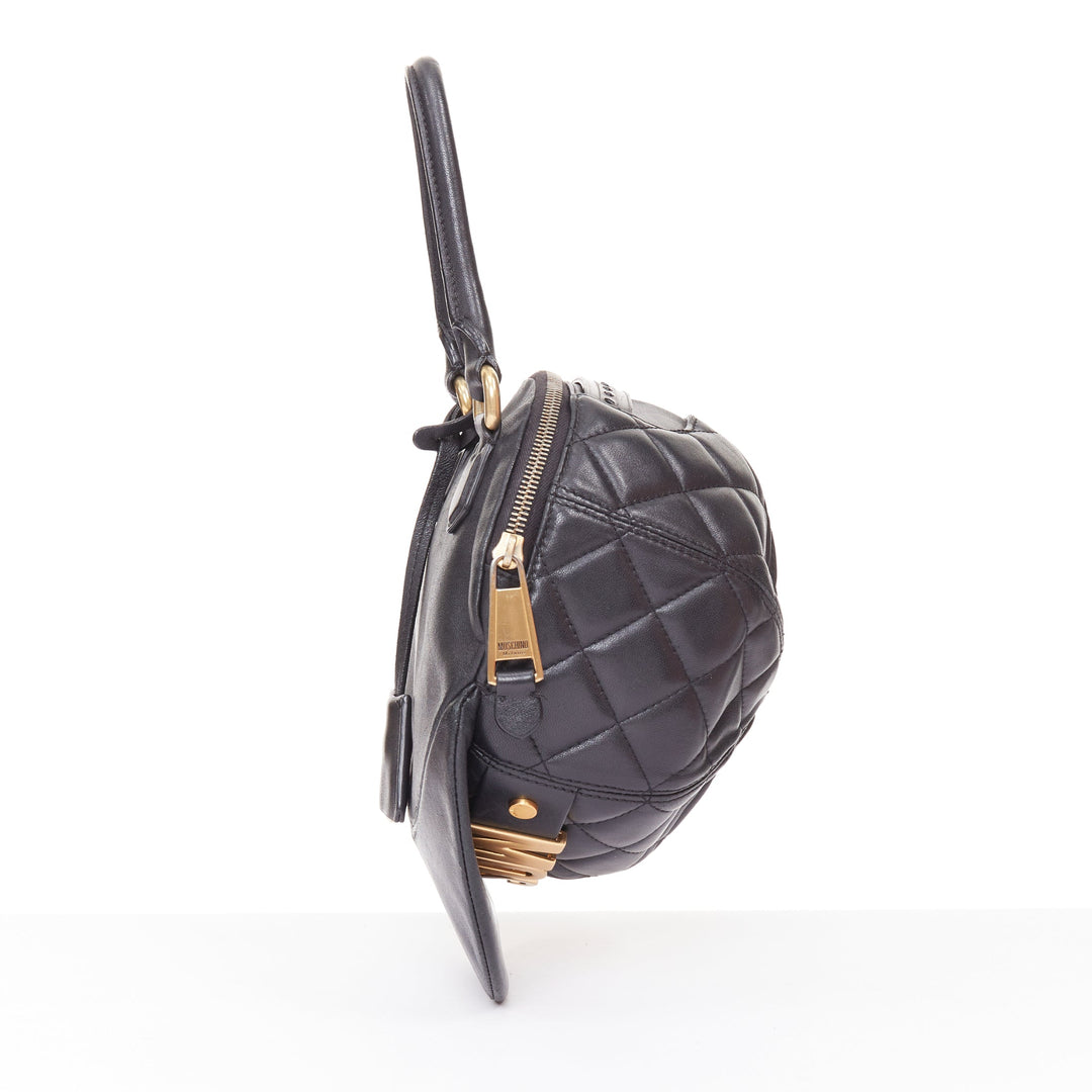 MOSCHINO Jeremy Scott black diamond quilted leather gold logo baseball cap bag